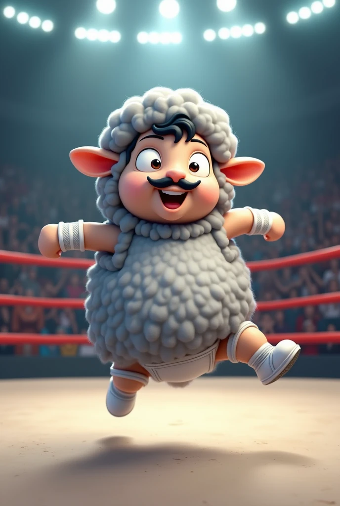 Grey Cartoon lamb dressed like WWE wrestler Leaping Lanny Poffo
Cartoon lamb body. Cartoon lamb head. Cartoon lamb face. Cartoon lamb chest. Cartoon lamb arms. Cartoon lamb hands
Long black mullet hair. White wrist tape. Thin black mustache
White underwear. White kneepads. White wrestling boots.
In a wrestling ring..