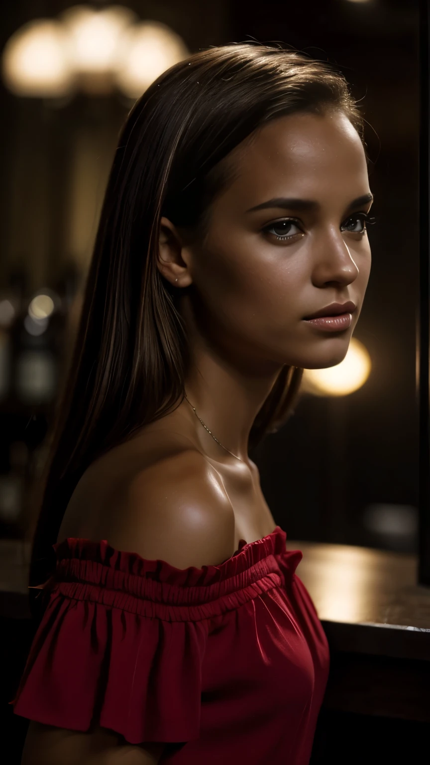 Foto hiperrealista en primer plano de Alicia Vikander, masterpiece, best quality, (photorealistic:1.4), portrait photo,  red off-the-shoulder short sleeves short blouse, darkness in the bar, neons,cinematic light, beautiful woman, skinny, medium breasts, straight dark blond hair, detailed face, photo taken from a distance, age , Sony FE, Backlighting, K4