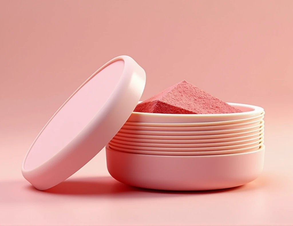 An innovative round-shaped makeup applicator, Inspired by "Boobeen Kit de blush e highlighter, 3 in 1 makeup pressed powder palette". The applicator has several compartments arranged in a tower. , each with different makeup papers: blush, highlighter, and lipstick. Each paper is thin and small in size., Ideal for tearing off a piece and applying it directly to the face. The image should show the applicator with the lid open., revealing the papers