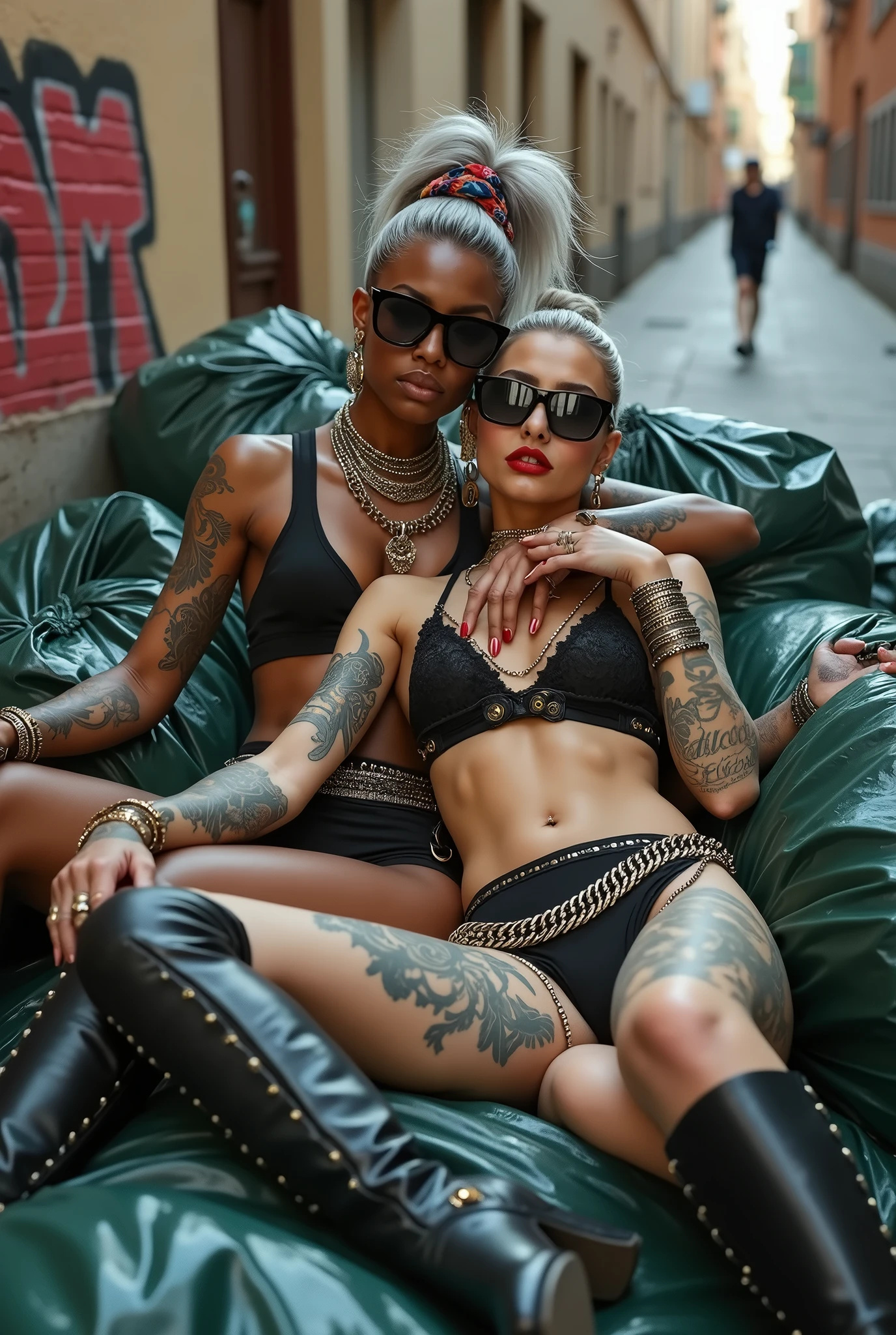 Two russian milf women: the dominant dark skinned gipsy woman with possessive stance (spread legs wide open, arm around her partner"s neck, leaning on her partner and the other hand grabbing her wrist) protecting the pale submissive and needy one, who is pless and titles her head with open mouth, gasping for air, her hair is messy and her bra straps of her shoulder). different clothes but same rock chic style. grey hair (bouffant, top bun) and oversized square sunglasses and wide colourful bandana as headband. Big lips. Black lace push up bra, silicone breast,, low rise black lace thongs. Tall knee high leather boots with necklaces in ankles.. Lots of thick wide studded bracelets, chain necklaces and big rings,. Long earrings with chains and feathers. Chains around their hips. Lounging lazily on a pile of huge dark green plastic bags. Lazy, leaning back, laid back pose, separated legs. Neck, chest, stomach, feet, hands, arms and wrists heavily tattoed. Toned abdominals, thin neck, slim legs and thin arms. Narrow hips. Full body. At a Mad narrow street with graffitied walls, ground littered with waste . Some nuns behind. Sunny day
