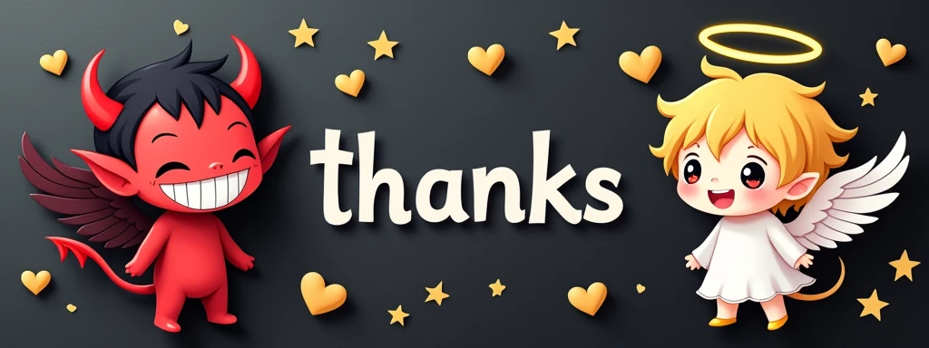 chibi, kawaii, cute, a devil with a wicked smile and an angel with a kind smile, with the word "Thanks" written between them, background black construction paper, golden hearts and shooting stars scattered all over