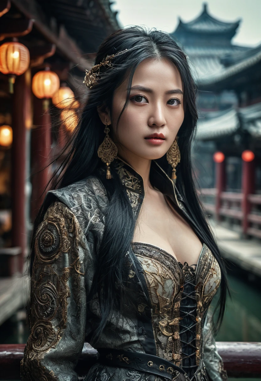 full body length shot, genius dressed lady Keiko, long black hair, wants eat, beauty in city of future, Cinematic, soft colors, Technicolor, natural skin textures, hyper realism, hyper detailed, Extremely detailed, Masterpiece, Realistic, Ultra Detailed, intricate details, realistic humid leather, extremly intricate, Epic Realistic, cinematic style, hdr, extremely detailed, masterpiece, intricate details, faded, eyes extremely detailed, high detailed eyes,16k resolution, RAW, Nikon Z9, Songbird, orc, Li River in China, Creative, masterpiece, fantasy, super detailed, high resolution, intricate details High Quality, 8k, Realistic, Ultra-Detailed, Dramatic Lighting, Soft Focus, Digital Illustration, Strong Gaze, Complex Mechanics, Advanced Technology, Dark Background, Cinematic, High Contrast, Moody, Strict, Atmosphere, (Best Quality, 4k, 8k, High Definition, Masterpiece: 1. 2 ), ultra-detailed, (realistic, graphic, photorealistic:1.37) --no glass --no metal rod --no bridge parapet --no bridge --no fence