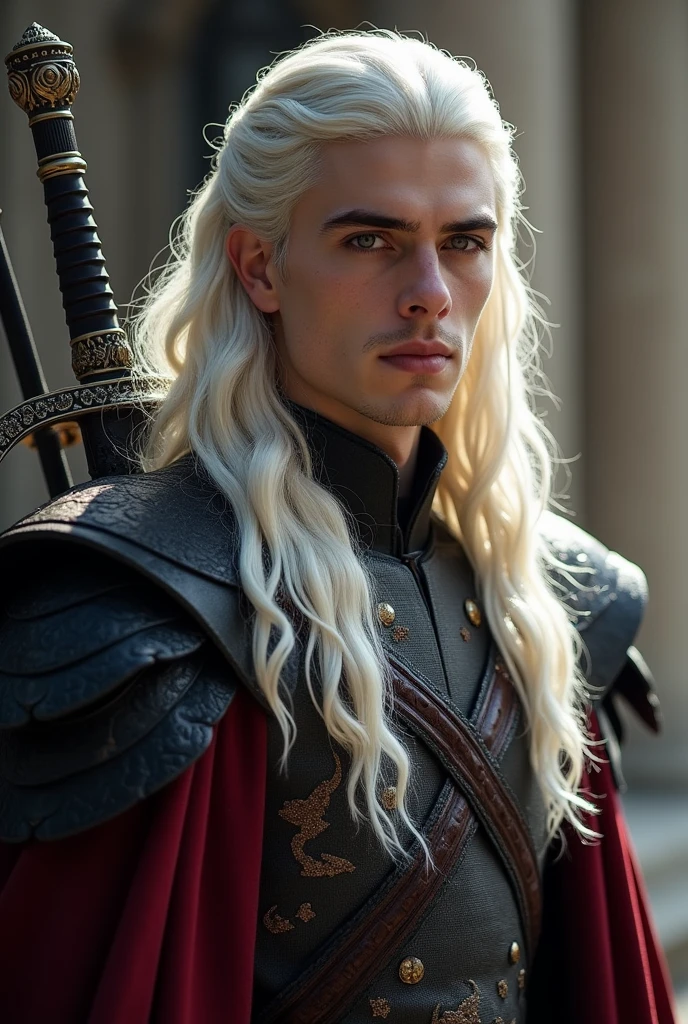 Dans l'univers de *Game of Thrones*, un homme Targaryen se distingue par l'aura légendaire qui entoure sa maison. Imaginez un homme d'une beauté presque divine, digne des légendes. Ses longs cheveux blancs argentés, typiques de la lignée des Targaryens, tombent en cascade sur ses épaules, soyeux et brillants sous la lumière, semblables à un manteau de pure lumière. Ses yeux, d'un violet profond ou d'un bleu glacial (selon les variantes connues dans la famille), captivent immédiatement ceux qui les croisent, remplis d'une intensité mystérieuse et d'une force ancestrale.
Sa peau est pâle, douce et éclatante, contrastant magnifiquement avec ses cheveux immaculés. Sa beauté est comparable à celle d'Apollon, le dieu grec de la jeunesse et de la lumière. Son visage est finement ciselé, avec des pommettes hautes, un nez droit et une mâchoire forte, témoignant de son héritage royal. Ses lèvres sont pleines, souvent figées dans une expression calme, presque méditative, bien qu'elles puissent sourire avec une chaleur inattendue qui illumine son visage entier.
Grand et élancé, son corps est celui d'un guerrier-né. Ses muscles sont bien définis, sculptés par des années d'entraînement martial, mais sans lourdeur. Chaque mouvement qu'il fait est empreint de grâce naturelle, comme s'il était toujours conscient de sa stature royale. Ses épaules sont larges, son torse puissant, et sa silhouette est impeccablement proportionnée.
Vêtu souvent de tissus somptueux – de riches tuniques noires et rouges, brodées de motifs draconiques en or et argent – il incarne l'élégance et la puissance. Sur son dos, une épée à la garde ornée de dragons, peut-être en acier valyrien, rappelant à tous qu'il est un guerrier aussi bien qu'un roi potentiel.
Ce jeune homme Targaryen respire la noblesse et la fierté, portant en lui le poids des siècles de conquêtes et de tragédies de sa famille, mais aussi l'éclat indomptable de son destin à venir.