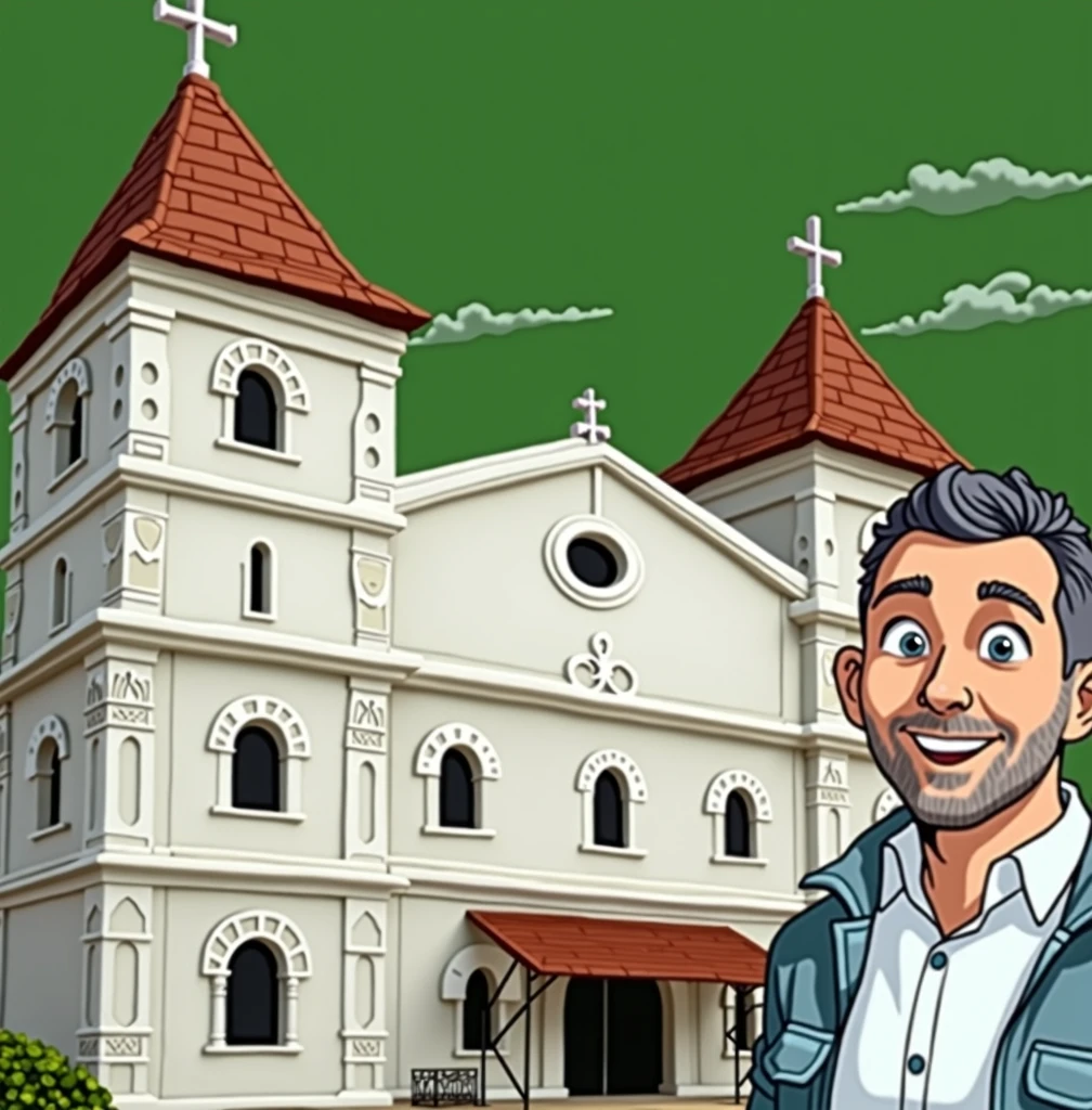 Draw man used in the tip image next to church, disney style image, background with blue sky