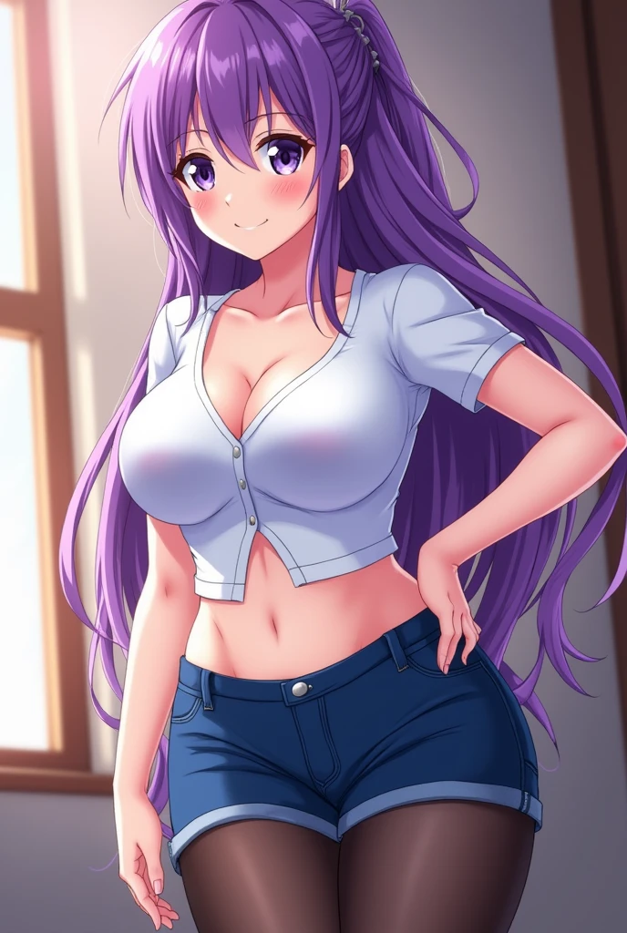 fille avec des cheveux violets attaché yeux violet, seins énormes éclatants chemise blanche manches courtes, hanches larges, gros seins, hauts, shorts bleu, collants haut noirs, jambes légèrement écartées jolie fesses
(Anime)
