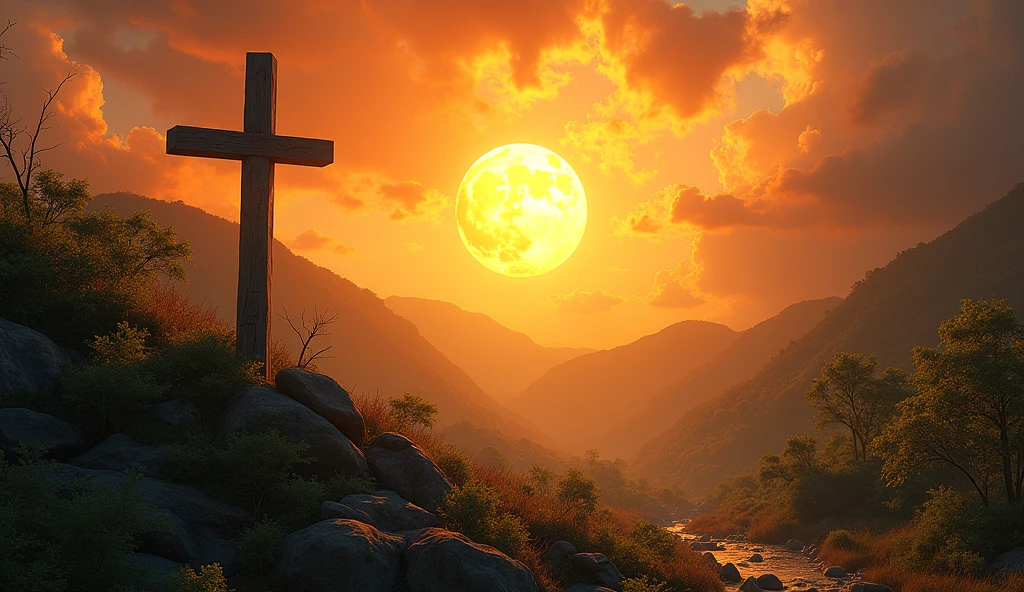 Generate images of South American and European nature, add dark tones to the images, and a beautiful strong orange sun, focus on the sun in the images with an air of hope and faith... Size 16:9 thumbnail style, when you can fit it add a cross wood in the background in the images. research before you start, and reflect. add a cross if possible, in the sun, in nature mutch green.