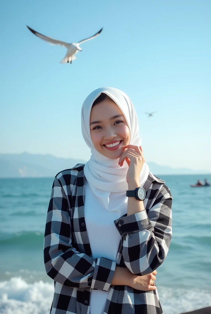 The view is simply amazing, di pantai di bawah clear blue sky. Beautiful Korean Girl, fair skin, well-groomed face, senyum tipis, white hijab, with a black and white checkered shirt, White shirt, celana kargo coklat, cool watch, di bawah clear blue sky, big sea waves background, there are fishermen, flying seagull. clear blue sky, very beautiful, mountains and waterfalls, Original photo, Realistic