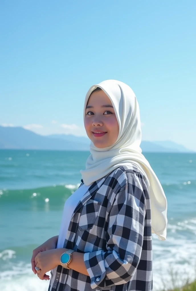 The view is simply amazing, di pantai di bawah clear blue sky. Beautiful Korean Girl, fair skin, well-groomed face, senyum tipis, white hijab, with a black and white checkered shirt, White shirt, celana kargo coklat, cool watch, di bawah clear blue sky, big sea waves background, there are fishermen, flying seagull. clear blue sky, very beautiful, mountains and waterfalls, Original photo, Realistic