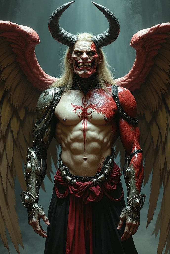 Create a drawing of a half-human body and a cyborg on the side with demonic wings and angelic wings and a crown and horns and that on the face a psychopathic smile is shown and on the chest it has a tattoo of the Taurus zodiac sign and in the center of it the sign of the mark of sacrifice that has a physique of a water god and a beauty of an ada