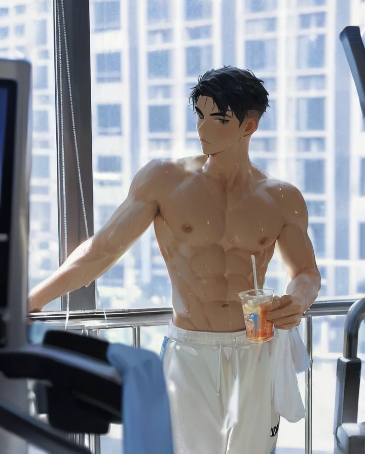 score_9_up,score_8_up,1man,black hair,handsome,solo,Phototropism,year 18,look at viewer, sweat, wet, fitness, athletic, drink, abs