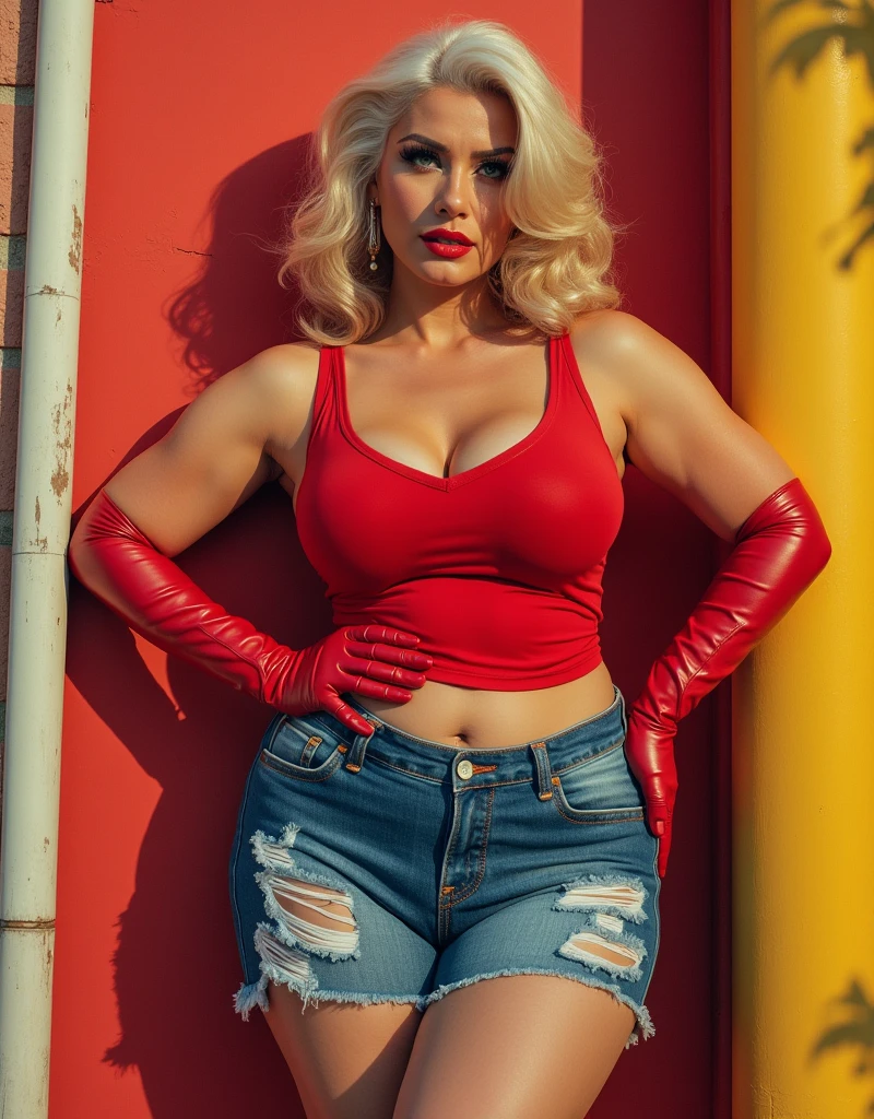 Overweight elder  reality 60 year old attractive woman full colours brown bold lipstick high eyelashes golden hairs with  distressed shorts covering red gloves on hands exuding pride and looking so sexy full body view