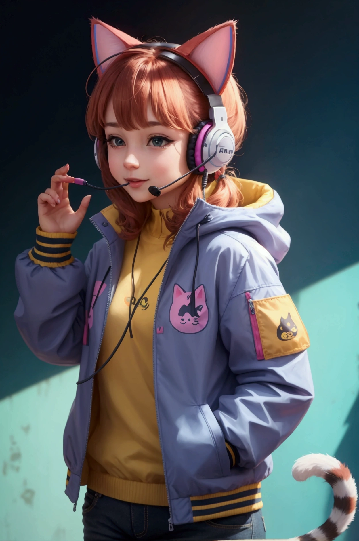 a playful cat wearing a headset and a colorful jacket