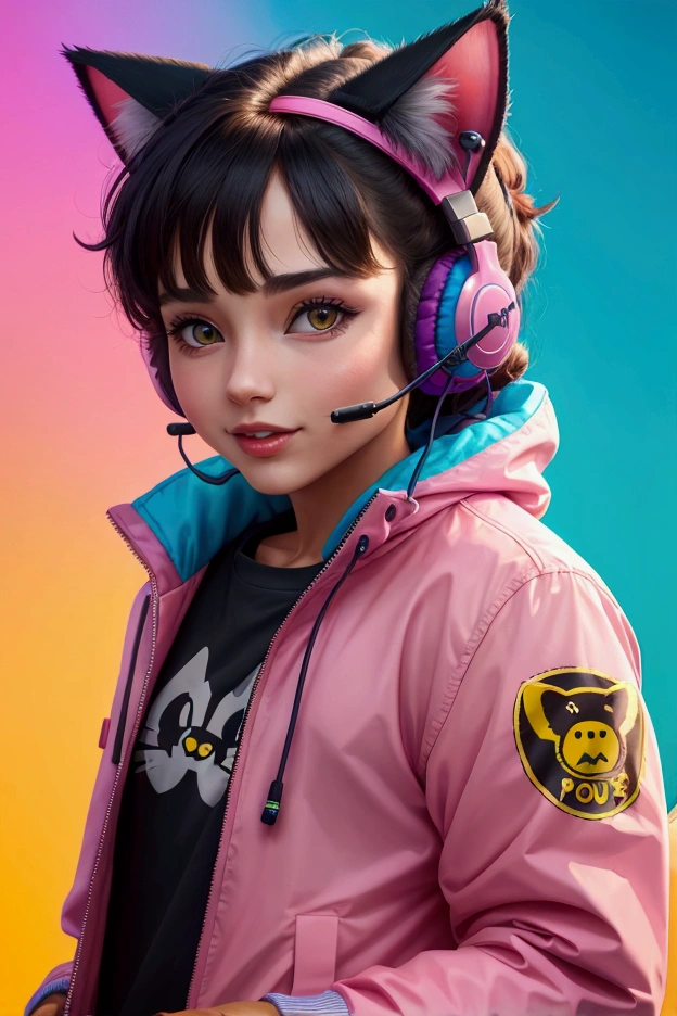a playful cat wearing a headset and a colorful jacket