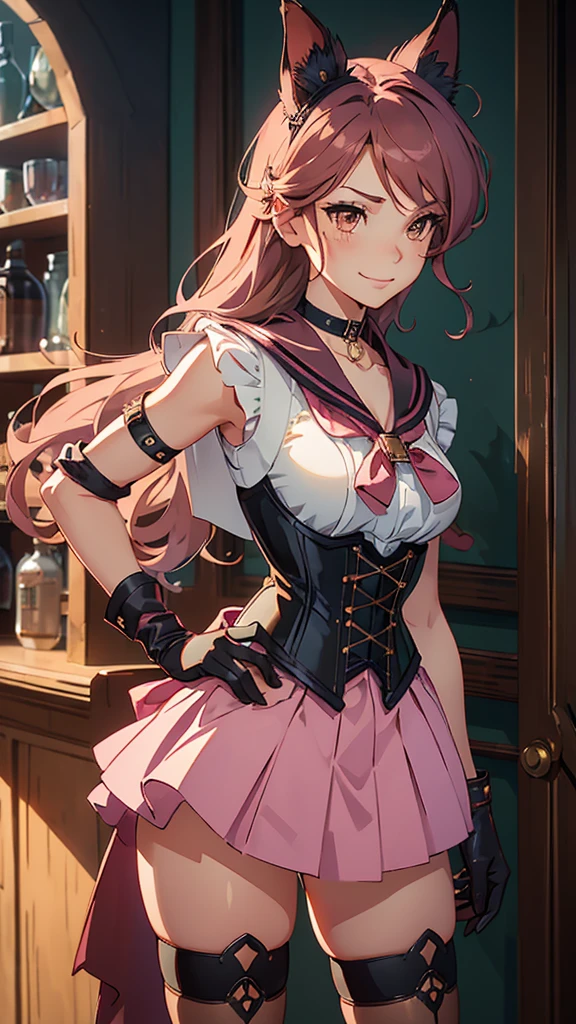 masterpiece, high quality, standing, 1_women, (upper body), (((looking away from viewer))), (bright brown pink hair), long length hair, cute bangs, flowing hair, (exotic skin_complexion:1.4),mature, tall, diamond shaped eyes, (((brown eyes))), dark_eyeliner, long_eyelashes), (hands on hip), (black fingerless_gloves), beautiful, exotic, elegant, slim, (((sailor collar))), black thigh highs, choker, medium bust, (pink steampunk corset), pink Lolita style skirt, knee high heel with laces, (sleeveless), natural dynamic lighting, ((smirking)), steampunk, inside rustic tavern,cat ears, butterflies