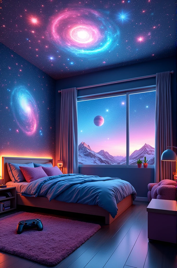 Bedroom for a girl and a boy with a galaxy and video game theme