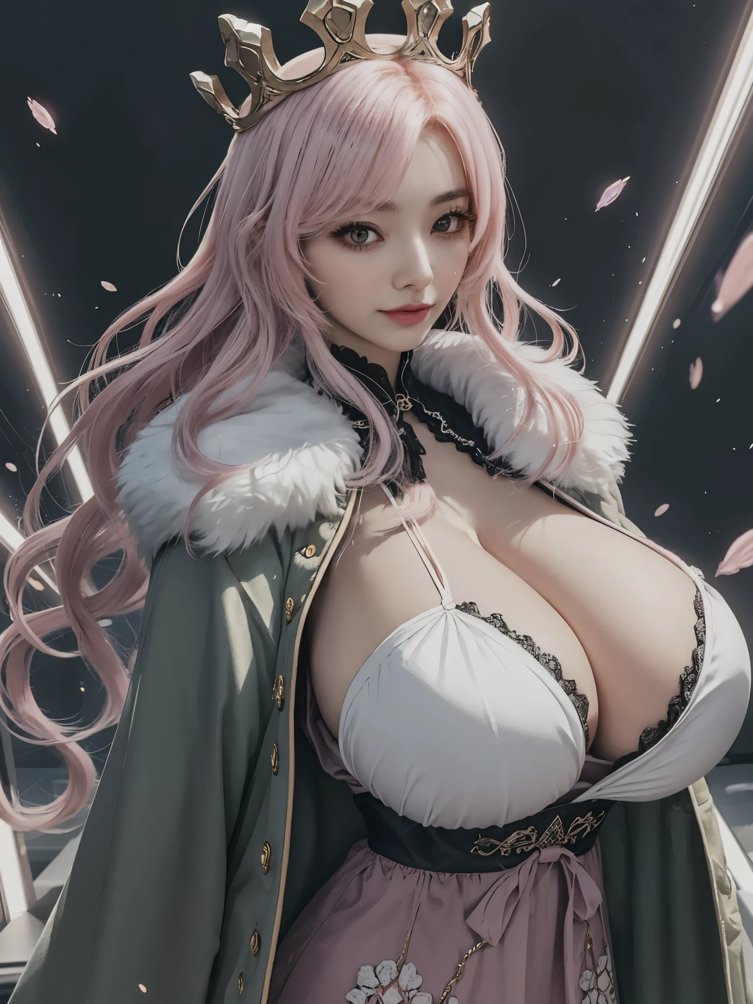 girl, from side, victorian dress, hyperbolic intricate big crown, detailed face, looking at viewer, fur shawl, (gigantic breast:1.2), light particles, masterpiece, best quality, glowing light, sensual, gyaru, long pink hair, wavy hair, fashion make up, long japanese coat,