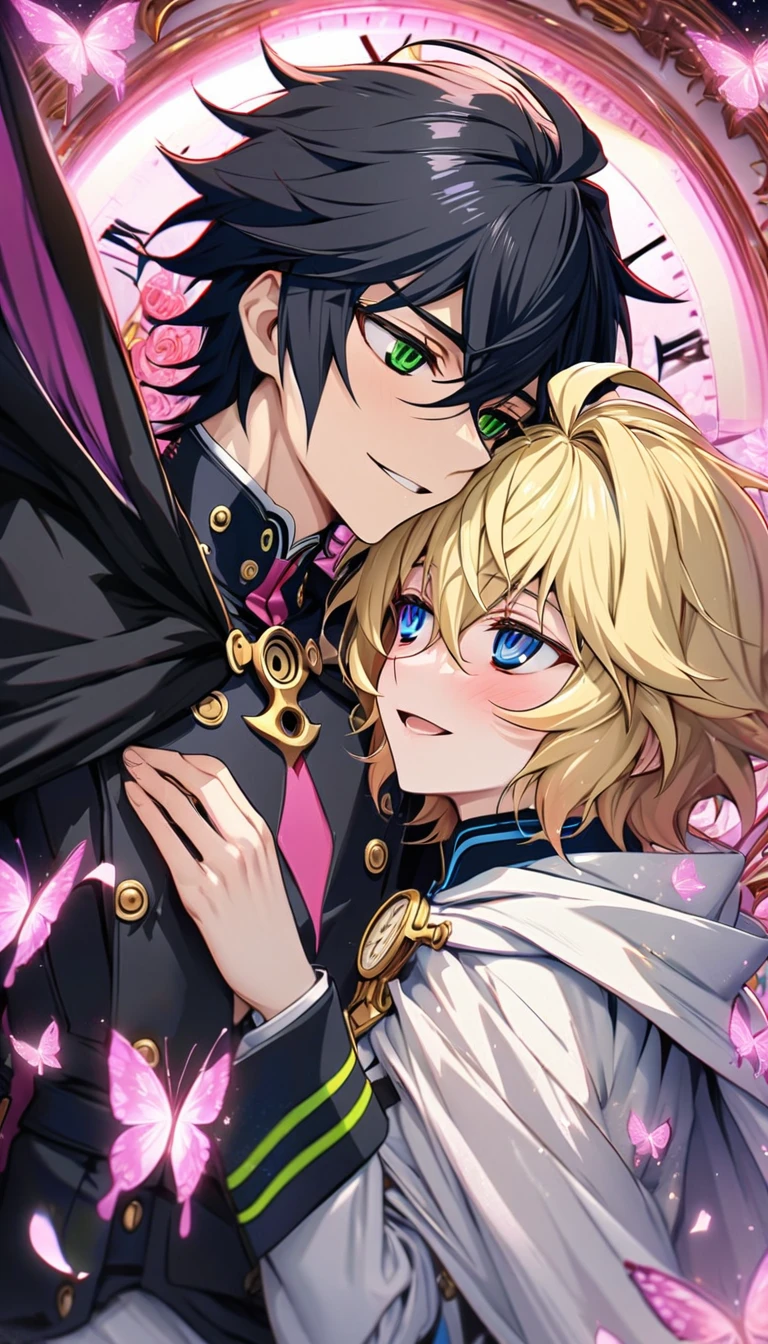 absurdres, highres, ultra detailed, HDR, masterpiece, extremely detailed, detailed eyes, detailed face, Hyakuya Mikaela, blonde hair, expressive blue eyes, Owari No Seraph, Hyakuya Yuuichirou, black hair, expressive green eyes, two men together, gay couple, yaoi, smile, in love, happy, handsome, white clothes, black clothes, white cape, black cape, patterns, pink roses, pink petals, fantasy, magical, clock, pink moon, pink glittering butterflies, pink round lights