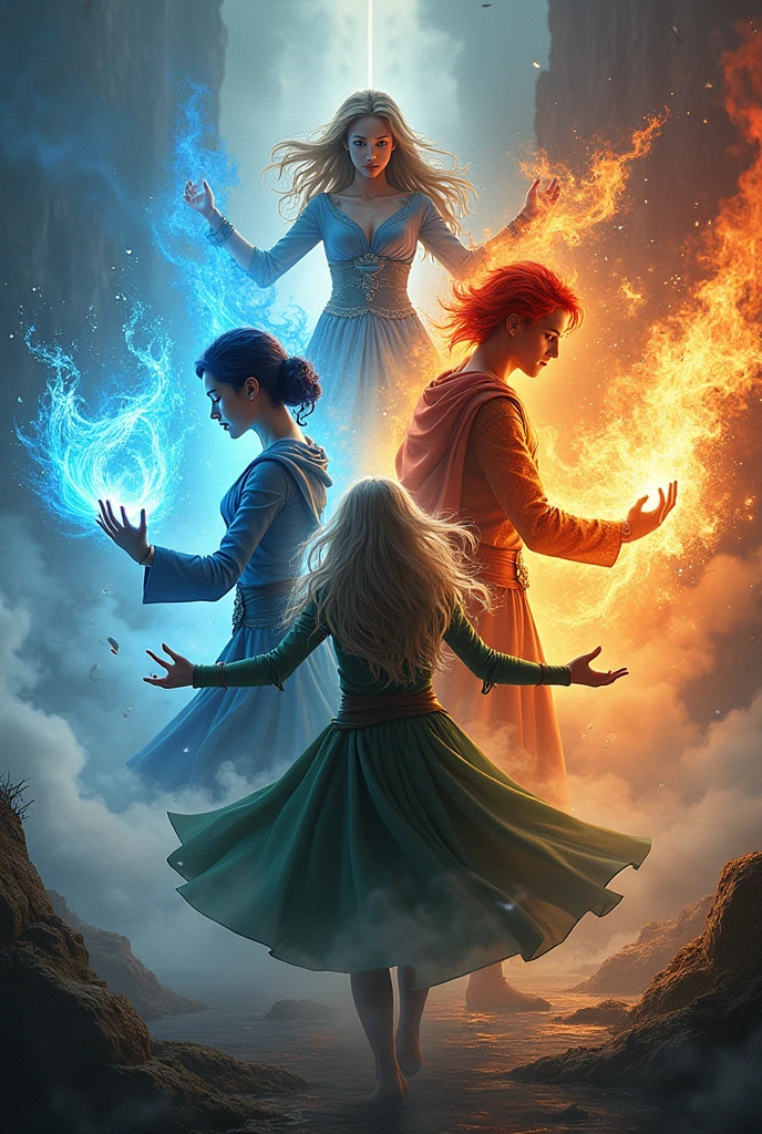 A movie poster, with a woman with blue hair and clothes, Controlling the water, with his back to a man with red hair and warm colored clothes,  controlling the fire, a man with green hair and green clothes, controlling plants and herbs, a woman with gray hair and gray clothes, controlling the winds 
