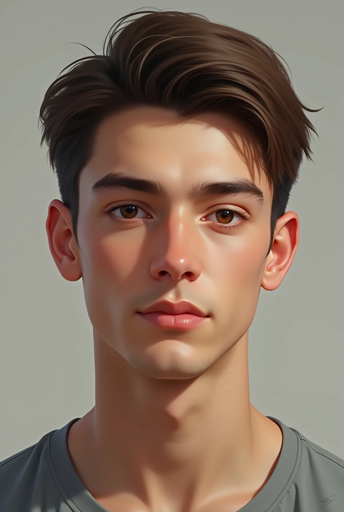 Create a realistic image with the following descriptions: man, Height 1.75m with light complexion, Brown eyes, Brown hair, short and straight and with a crew cut and 19 years young