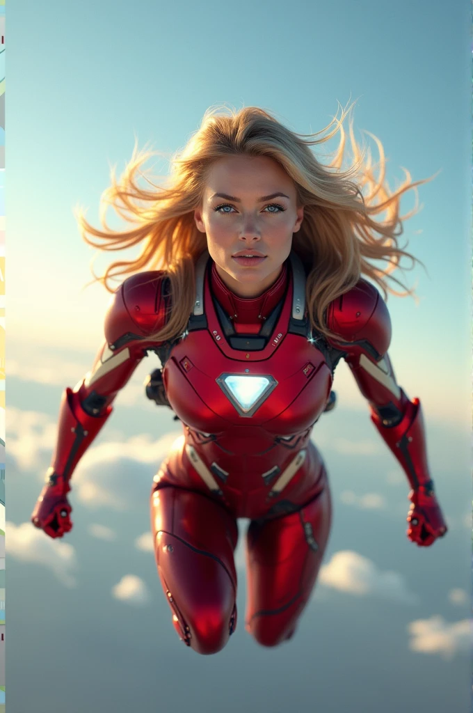 Gorgeous blonde with blue eyes AND shorts blonde air flying on a red Ironman suit over the sky