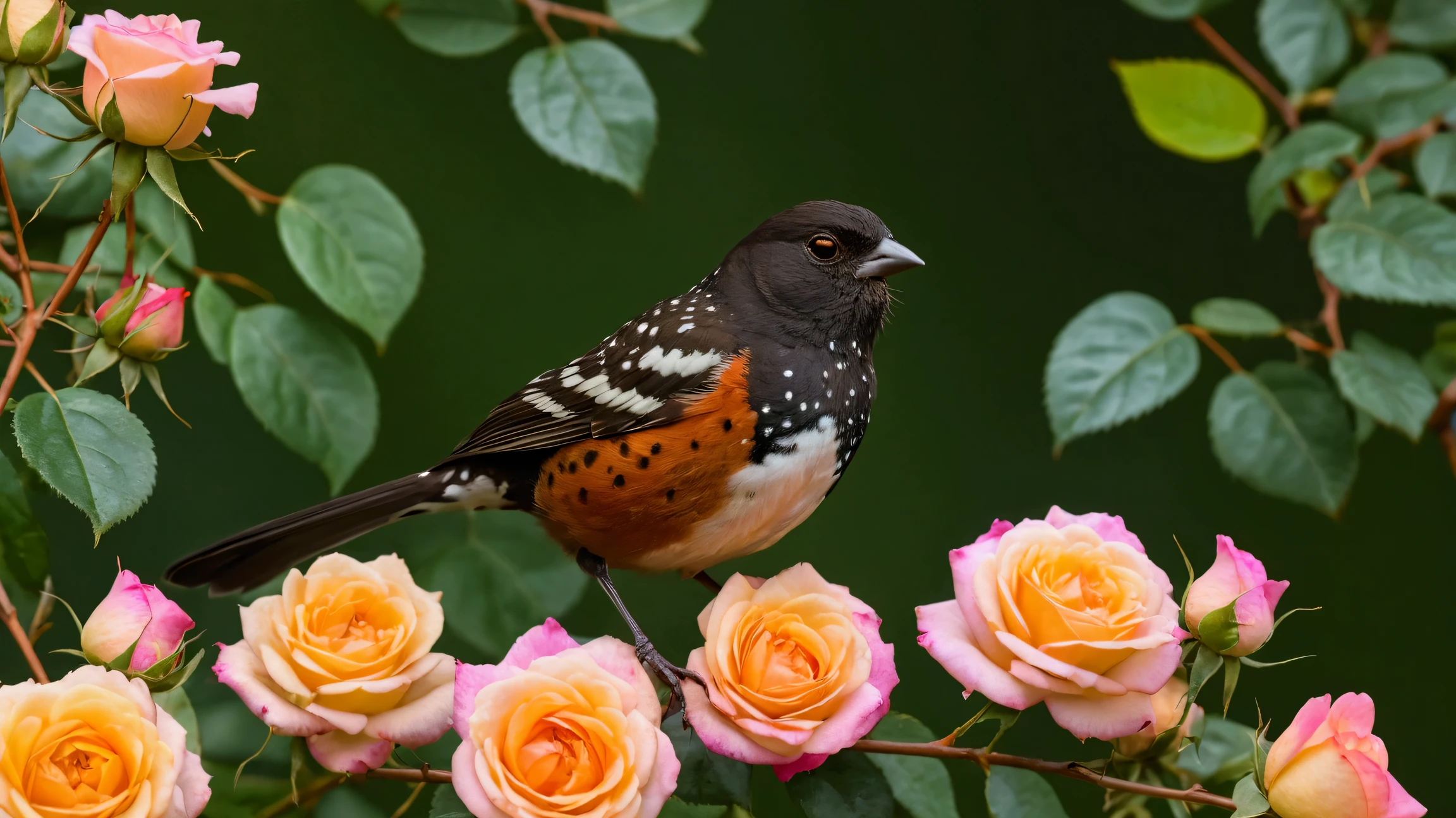 Ultra-high-definition 8K close-up photo of a Spotted Towhee perched elegantly on a rose branch. The bird is in a beautiful pose, surrounded by lush green rose leaves and vibrant clusters of yellow and pink roses in full bloom.
