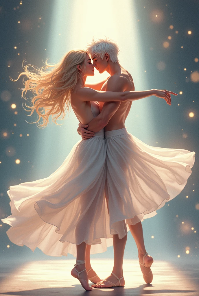 Anime gay Two man dancing ballet, a boy one with long white hair and the other boy with semi-long blonde hair. (Exercised body) (Two man) (Gays)