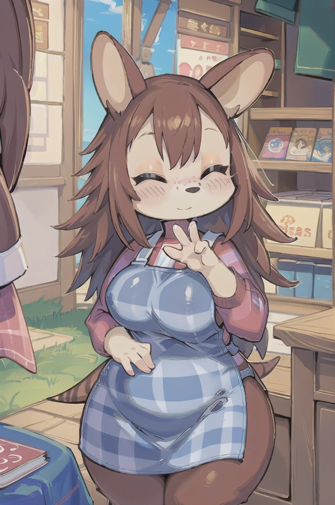 (masterpiece, best quality, highres, ultra detailed:1.2), (独奏, 1girl, furry female, cowboy shot), Mabel_(AC), blue fur, blush stickers, eyebrows, striped tail, closed eyes, plaid apron, snout, hedgehog girl, chubby, smile, barefoot, (dynamic pose, waving, hinterland, clothes store, clothes, fabric, detailed bACkground:1.1)
((((Super Breasts))))((((Excited expression))))((((Areola))))((((Nipples))))