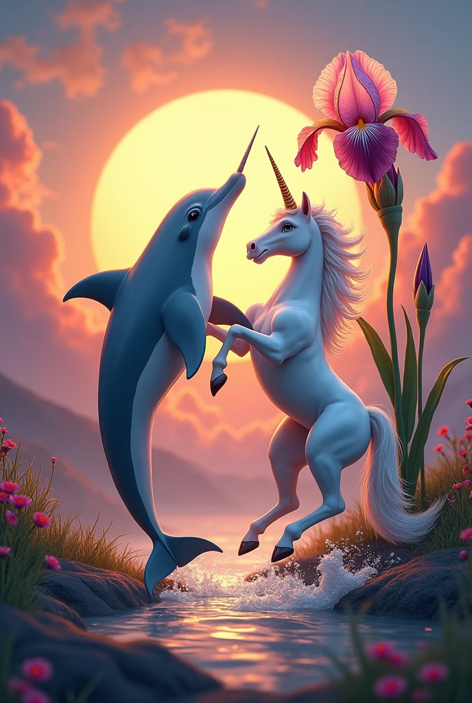 Dolphin and unicorn with a sunset and a beautiful iris behind