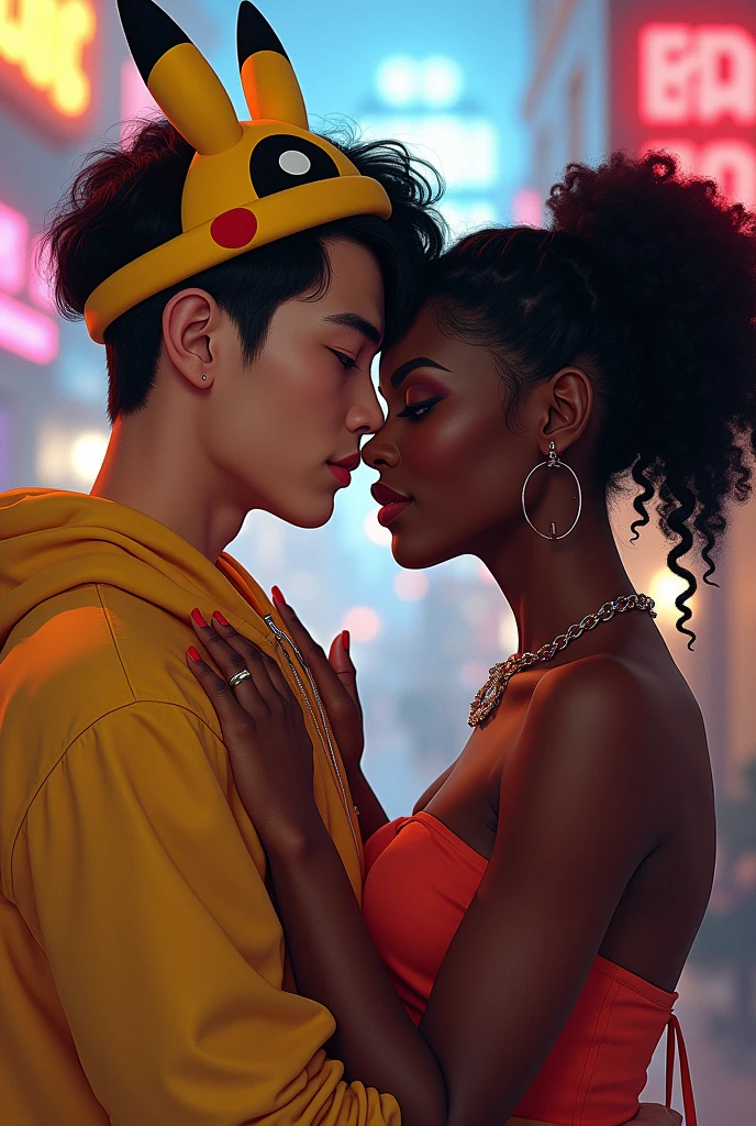couple: one male kpop idol with pikachu headband hugging a black american sexy woman big mouth with dreadlocks