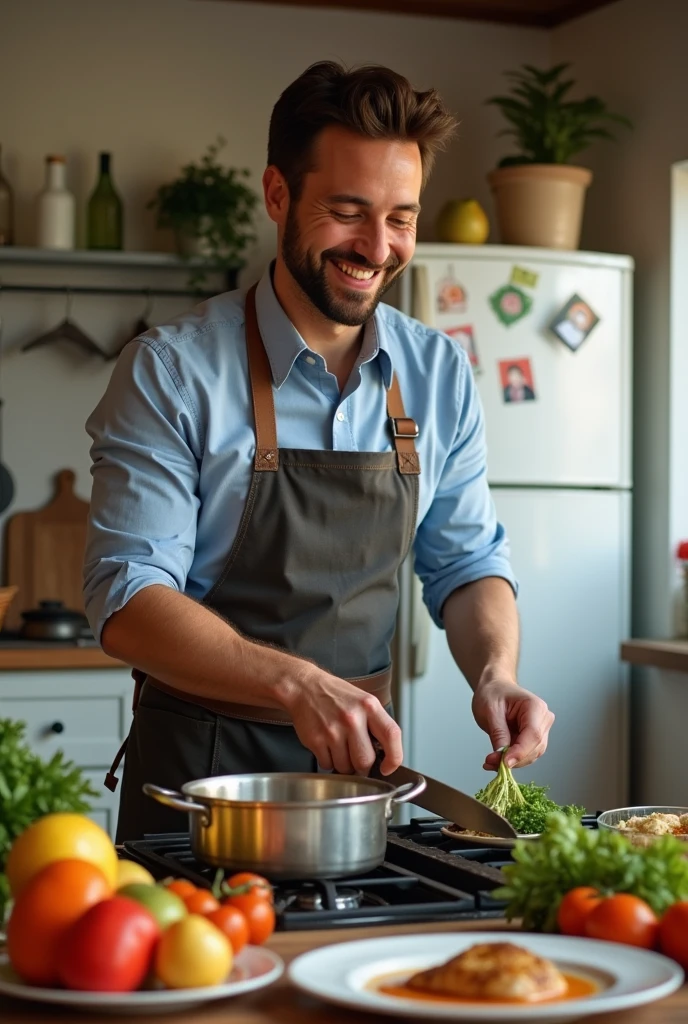 A family man cooks for a TikTok profile