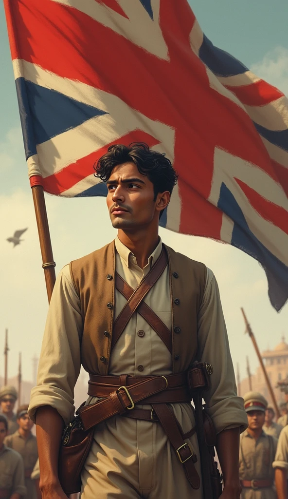 A powerful image of Khudiram Bose standing tall in front of a waving British flag, but instead of fear, he’s smiling boldly, symbolizing defiance and bravery. Historical images looks realistic