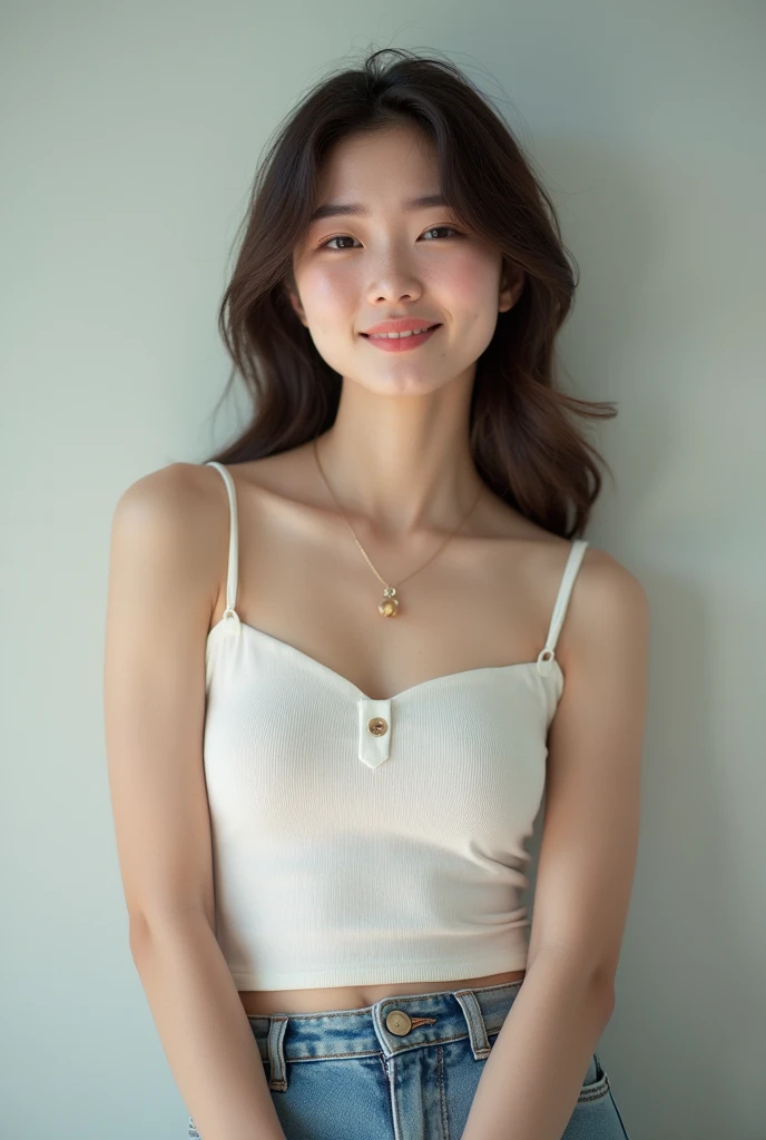(masterpiece, Highest quality:1.4), Award-winning full-body photography, 8k, 85mm, alone, Beautiful Face,14 Talents、 Cute Necklace、Great style、Cute face like a Japanese idol、Delicate woman, jeans、Baby Face、Beautiful Eyes、Beautiful clavicle、(((Topless)))、Cute hairstyle、Shapely breasts、Smiling Kindly、Blushing and embarrassed