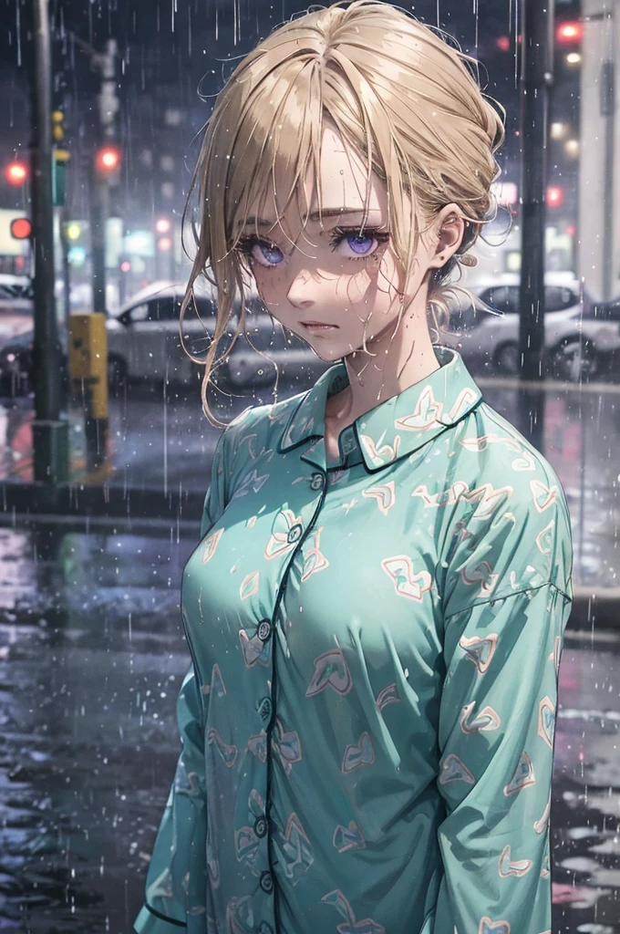 ((Teal coloured pyjama shirt)), 1girl, raining heavily, (patterned pyjamas), outside, short caramel-blonde hair sticking to her face, depressed purple eyes, teal coloured pyjama shirt, nighttime, very dark, soaking wet, wet through, wet clothes, almost naked, small breasts, outside at nighttime, in the streets, dark background, dark, very dark night, realistic colour, 1 colour shirt, soaking wet pyjamas, wet though, dripping wet, a hint of nipples, purple eyes, alluring depressed eye, cold dark night, flushed cheeks, braless,