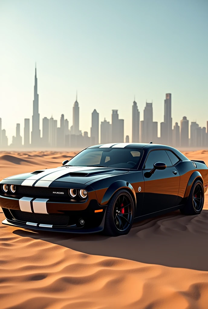A black dodge challenger with white flash in dubai 