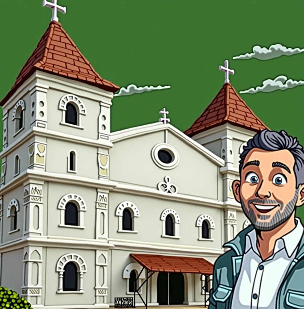 Draw man used in the tip image next to church, disney style image, background with blue sky