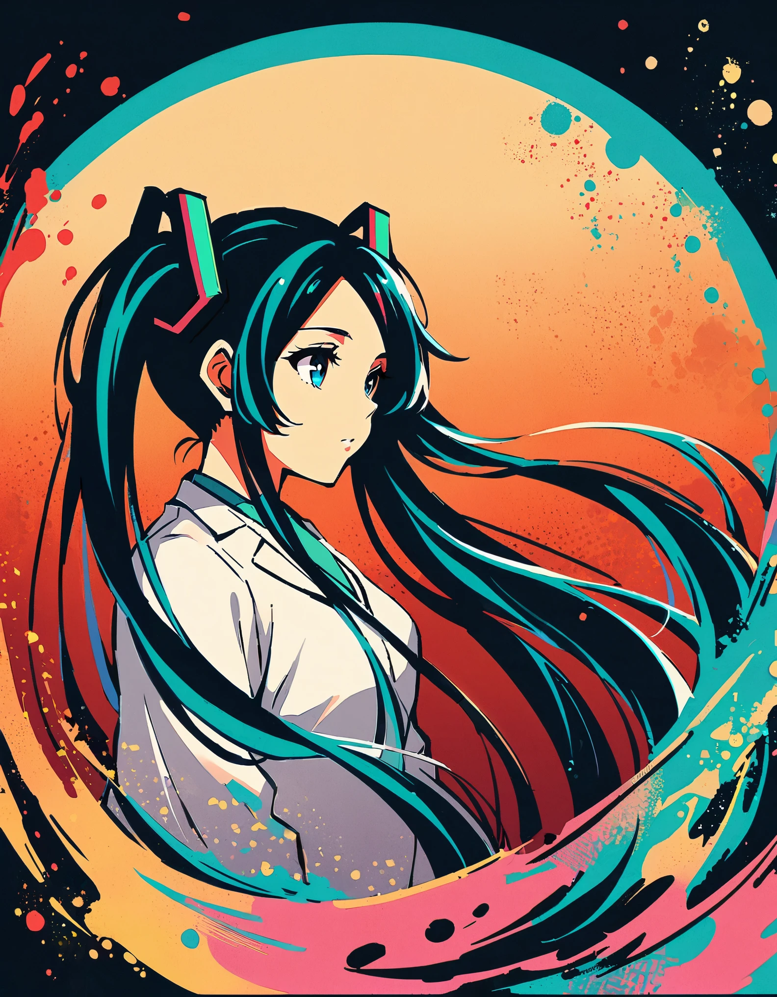 illustration, glitch art, Digital noise, hatsune miku, Deep and charming eyes, super detailed, Hatsune Miku wearing a white suit, American comic style, amazing moment，The girl in red, Back focus, flowing long black hair, Chinese painting, ink style. Four seasons, visual effects, Warm colors, Distortion-free composition, romantic, Smooth lines, flat canvas, HD textures, visual warmth, and tranquility.