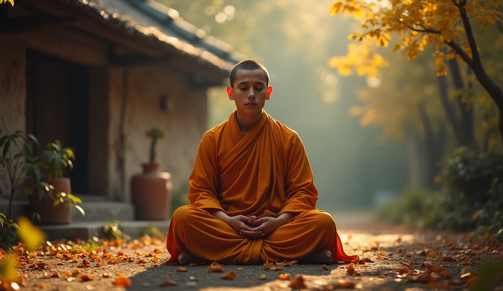 buddhist monk meditating, not to the center, clear facial features, bright colors, light particles, with bright light, Mushhiv, wallpaper art, UHD wallpapers, vivid atmosphere, near an old house, village