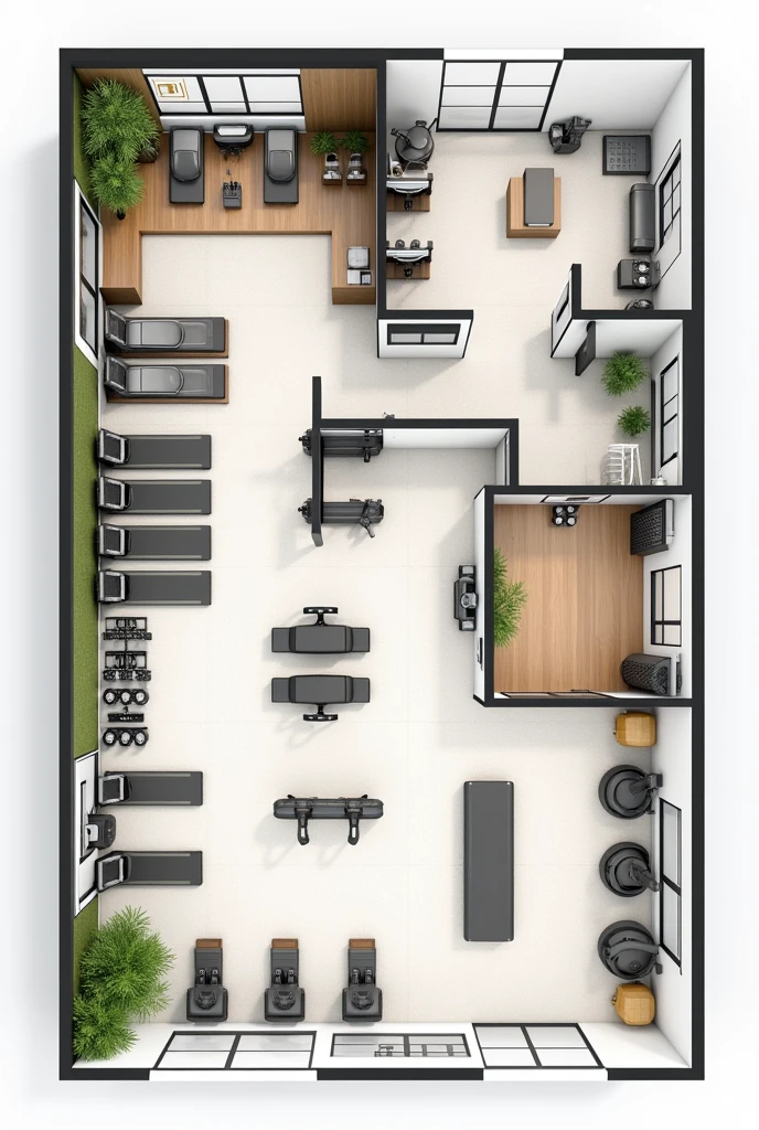 Make a plan of a gym with its areas in English 