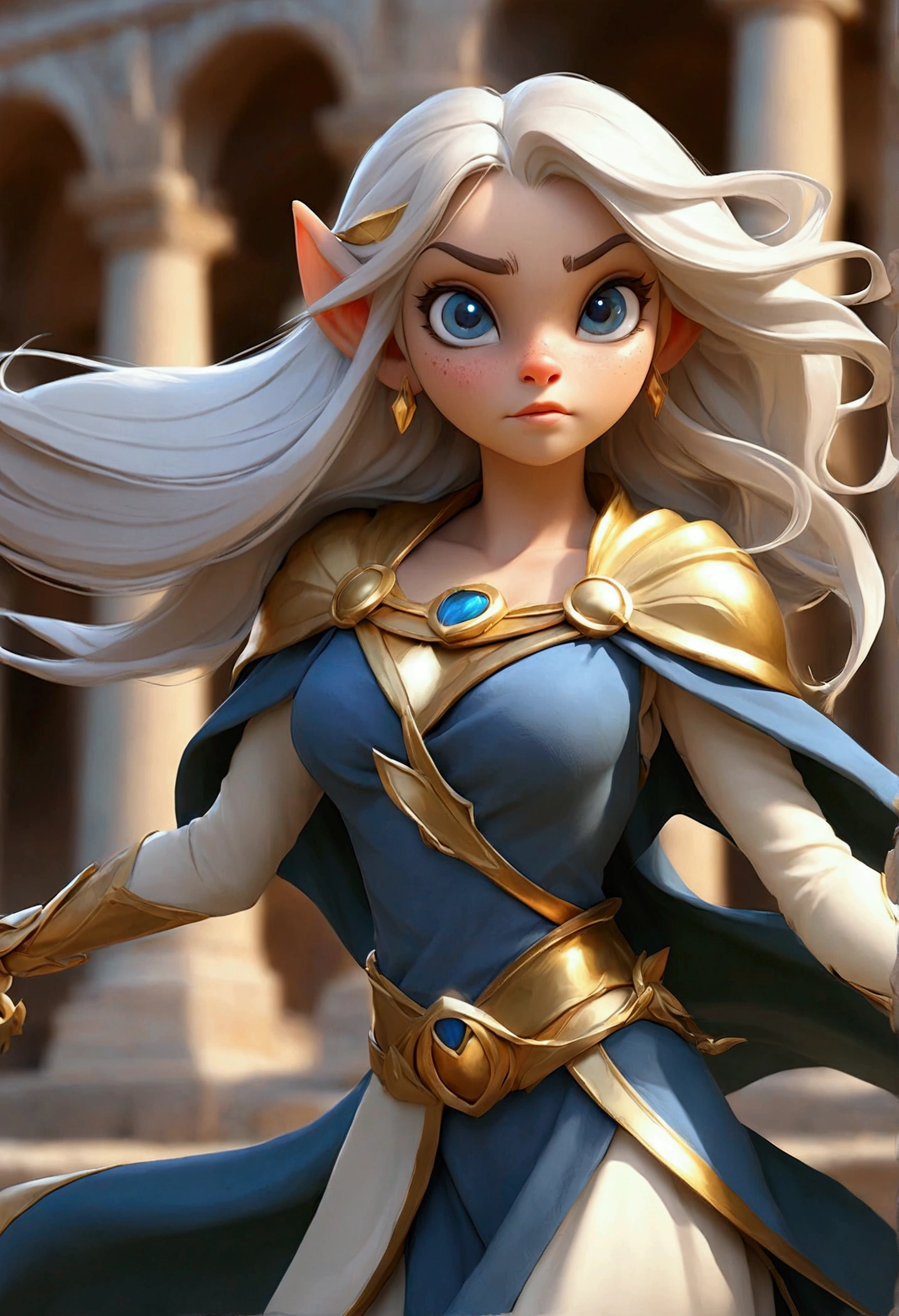 1 girl, elf, colosseum, blue cape, spread arms, (gold|silver|platinum hair 1.2) long hair, flowing hair, wind, gold laurel wreath, dynamic angle, dynamic lighting, nude, middle boobs, black blindfold, serious facial expression