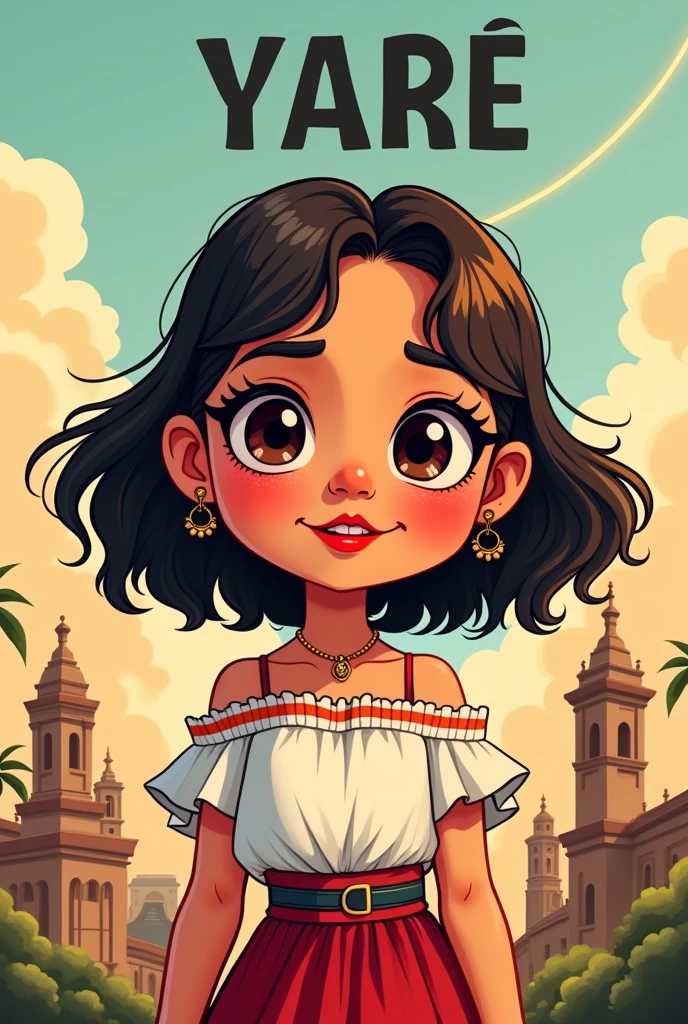 A cartoon of a girl with dark brown eyes,Lips painted strawberry red,shoulder length wavy hair dark brown color,fringe on each side,that says the name Yare in capital letters, dressed as a Mexican, below the girl with an image related to the independence of Mexico