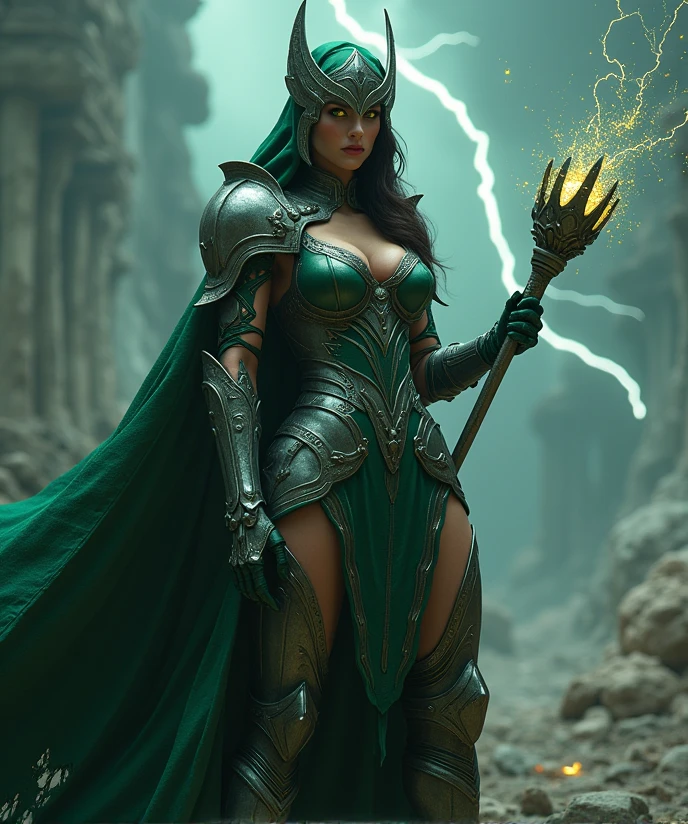 A fierce and commanding female figure stands tall, adorned in dark green, metallic silver armor intricately designed with Latverian symbols. The armor is both regal and seductive, with a deep neckline that subtly exposes cleavage, adding an air of allure to her powerful presence. She strikes a confident, slightly provocative pose, with one hand resting on her hip and the other holding a glowing arcane staff or artifact, crackling with dark energy, symbolizing her mastery over both science and sorcery. Her face is partially hidden behind a detailed, angular metal mask, revealing only her piercing, glowing eyes that radiate intellect and dark mystic energy. A long, flowing green cloak billows behind her, tattered at the ends, adding to the mysterious and powerful aura. The background is a stormy, ominous landscape with flashes of lightning illuminating the sky, creating an epic, gothic atmosphere. The scene is rich in detail, with textures on the armor, cloak, and environment meticulously rendered to convey her imposing presence and power as the ruler of Latveria.