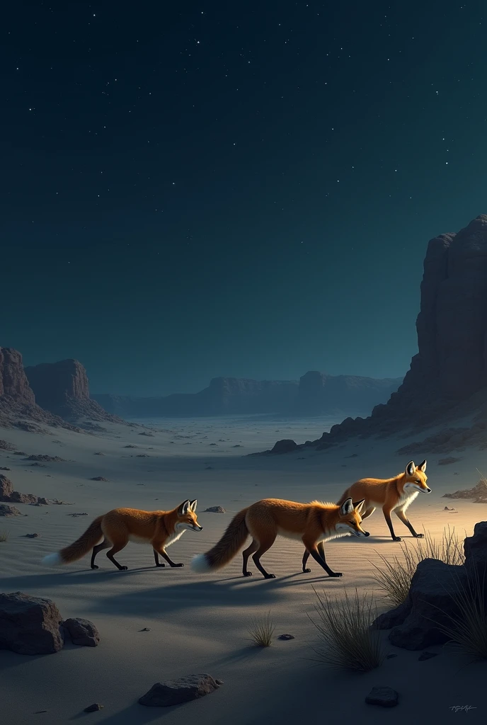 Realistic images of foxes stalking in a desert at night
