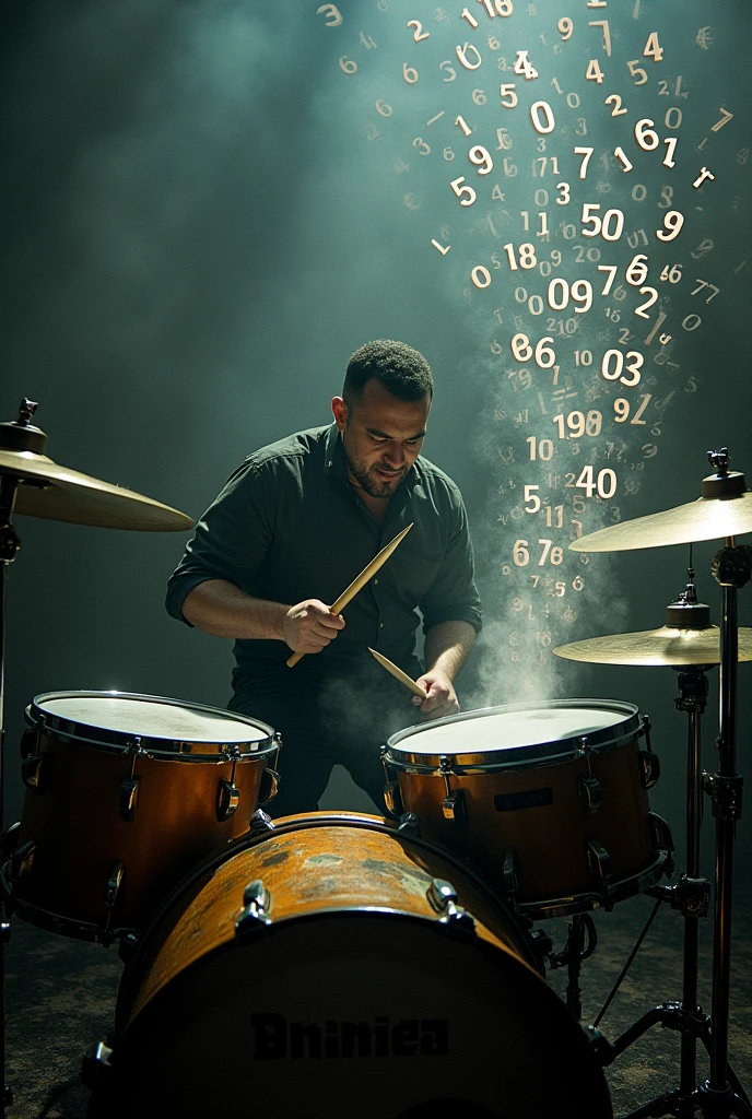 Man playing drums and instead of musical notes, numbers and mathematical symbols appear