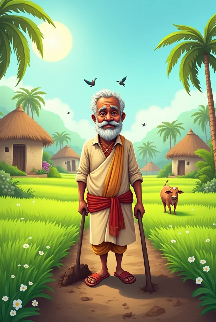 Create cartoon staly "
1. **Ramu Working in the Fields:** A simple, hardworking farmer named Ramu, wearing traditional Indian clothes, plowing his field in a small rural village under the bright morning sun with lush green fields in the background.
