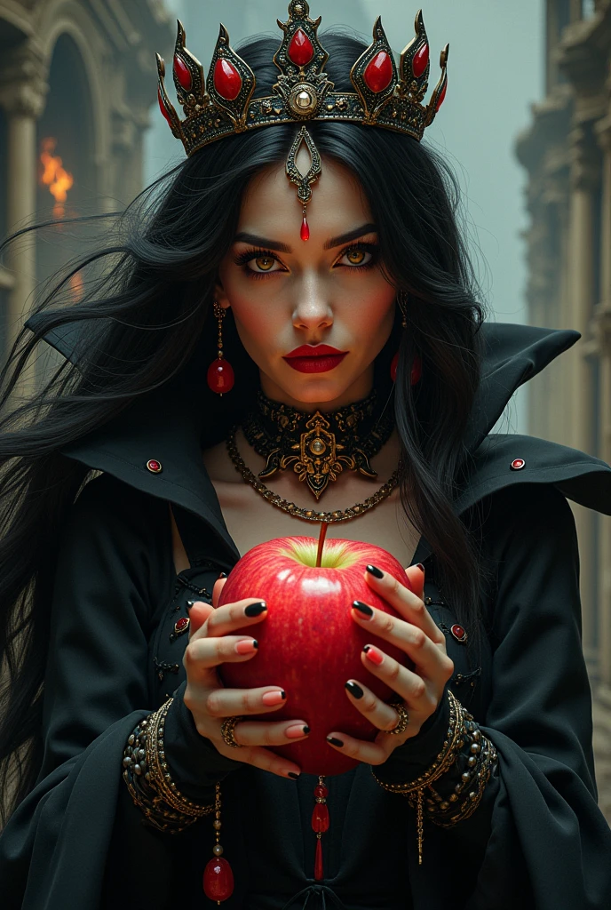 ((RAW Photo), absurd, (absurdresolution)), masterpiece, best quality, (Extremely detailed 8k unity CG wallpaper), (best illustration), (best shadow), Realistic lighting, beautiful detailed glow, ((2)), girl, long black hair, black queen, accessories, apple in hand, poisoned apples, witch queen, red lipstick, (((Photographic Perspective of her)))