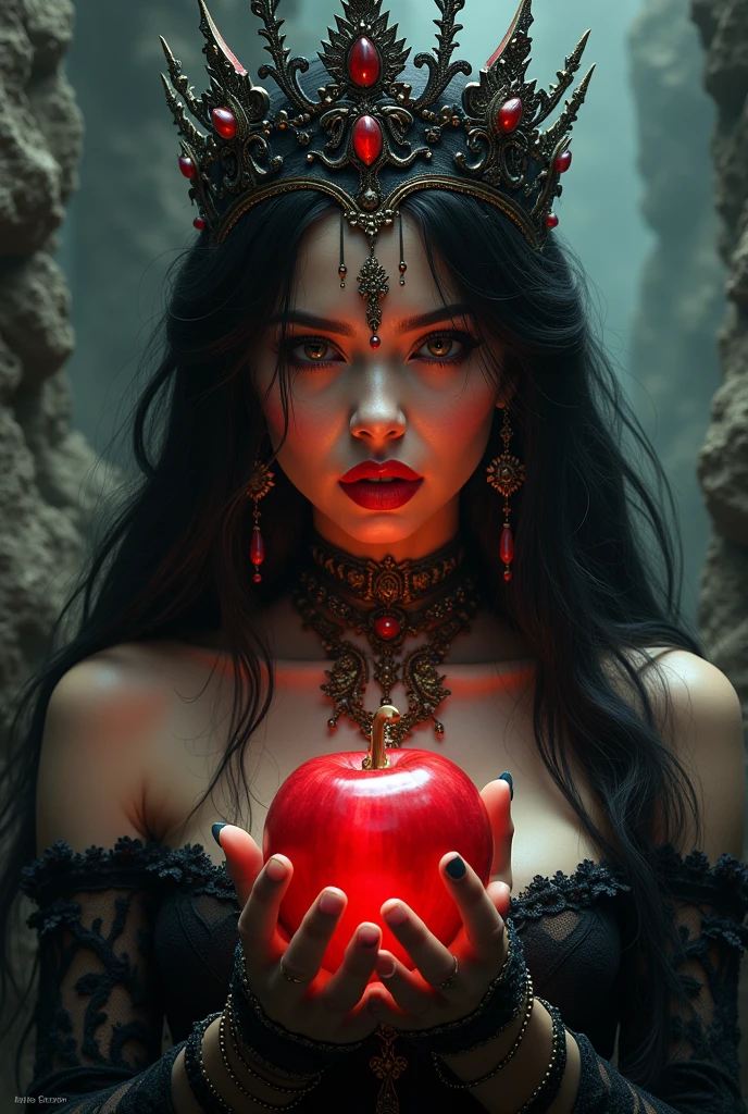((RAW Photo), absurd, (absurdresolution)), masterpiece, best quality, (Extremely detailed 8k unity CG wallpaper), (best illustration), (best shadow), Realistic lighting, beautiful detailed glow, ((2)), girl, long black hair, black queen, accessories, apple in hand, poisoned apples, witch queen, red lipstick, (((Photographic Perspective of her)))