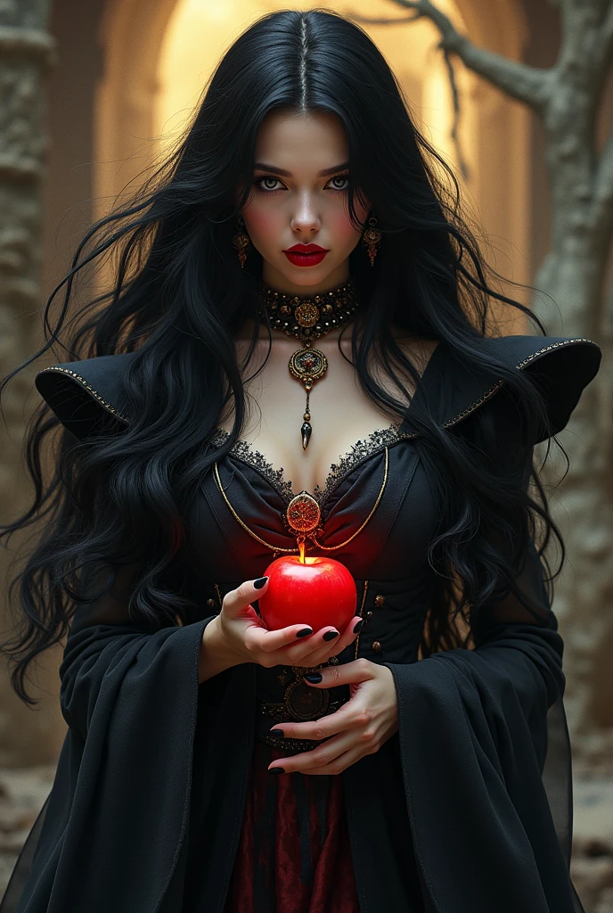 ((RAW Photo), absurd, (absurdresolution)), masterpiece, best quality, (Extremely detailed 8k unity CG wallpaper), (best illustration), (best shadow), Realistic lighting, beautiful detailed glow, ((2)), girl, long black hair, black queen, accessories, apple in hand, poisoned apples, witch queen, red lipstick, (((Photographic Perspective of her)))