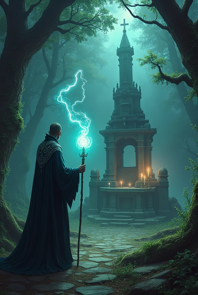 Design a mystical scene in a dark, ancient forest, where a powerful wizard and is performing a magical ritual. The wizard is dressed in a long, dark robe with silver runes, holding a glowing staff that emits swirling blue and green energy, creating a circle of floating symbols and runes in the air. Around him, the forest is alive with magic: glowing orbs, enchanted plants, and mysterious shadows moving between the trees. In the background, an old stone altar with burning candles and a grimoire lies open, with pages turning as if by an invisible force. The sky above is stormy, with flashes of lightning illuminating the scene, adding to the intense, magical atmosphere. dramatic lighting, moody atmosphere, highly detailed, cinematic, fantasy art, digital painting