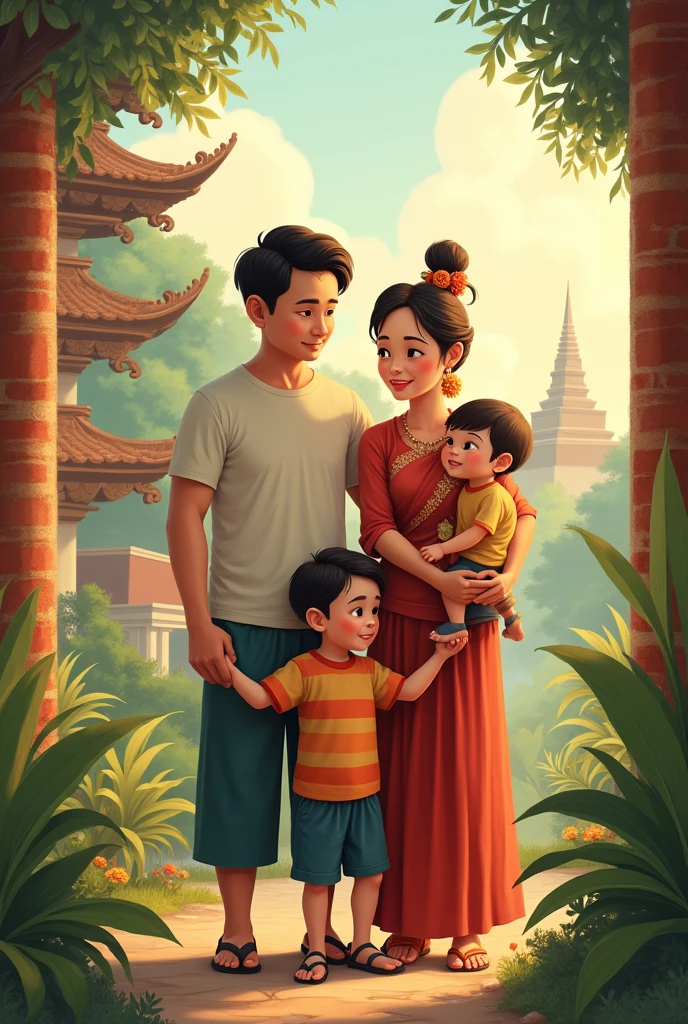 Father mother and their two sons in Myanmar 
