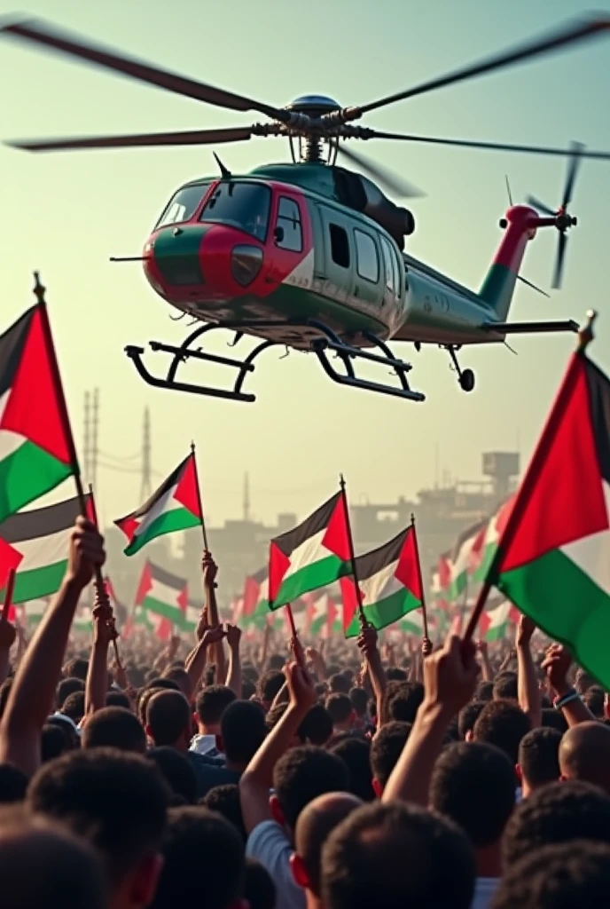 Thousands of Palastine people are attacked with flags of palastine and above them a helicopter which is colored by the palastine flag